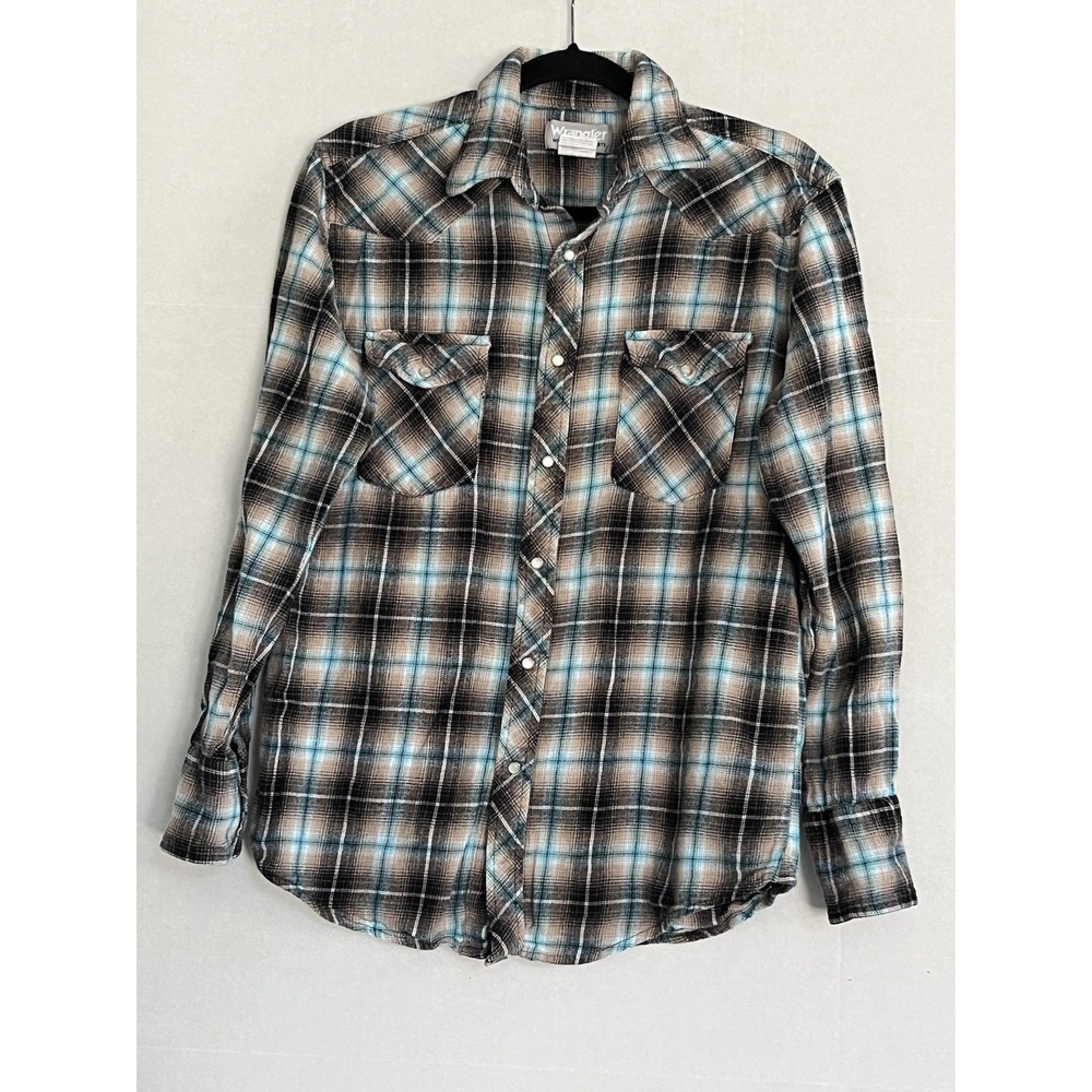 Wrangler Long Sleeve Shirt Men M Teal Plaid Flannel Pearl Snap Western Cowboy